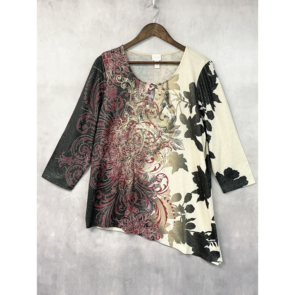 Chicos Womens Metallic Floral Baroque Tunic Top  Size 2 L Asymmetrical Hem Gold